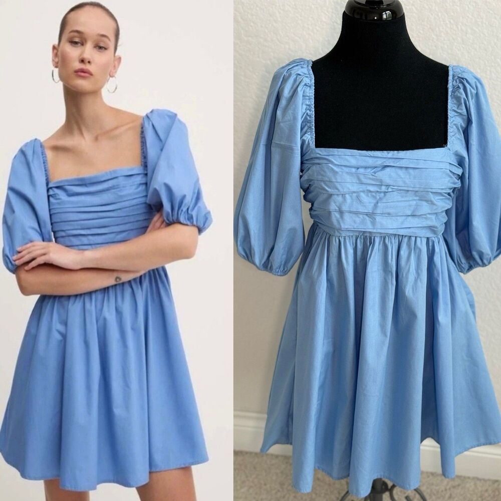 Abercrombie & Fitch Emerson Poplin Puff Sleeve Mini Dress M Blue Cottagecore